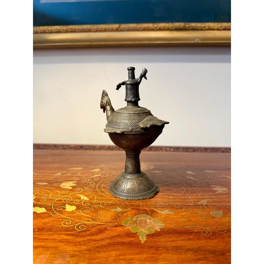 Antique‎ Indian Peacock Oil Lamp, Hand Cast Dhokra Brass Vessel